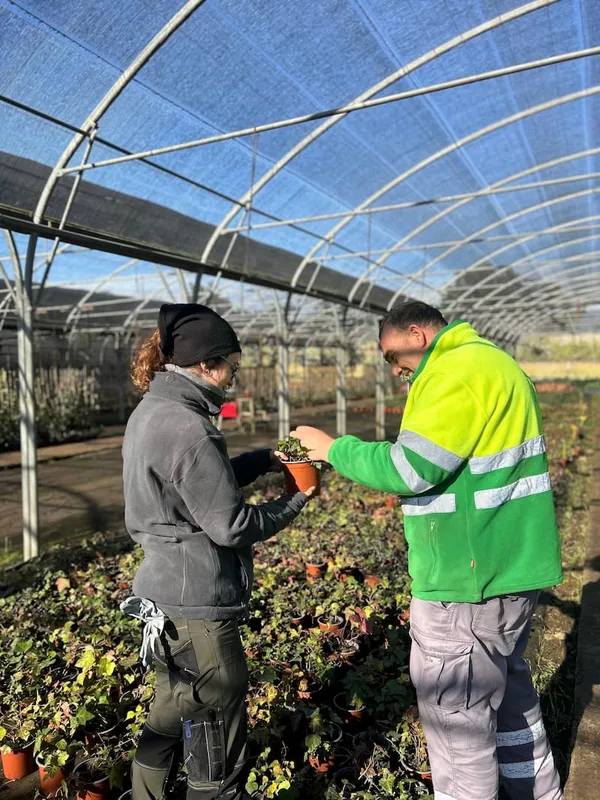 Dos miembros del equipo colaborando en el vivero